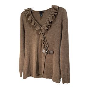Suzie In The City Womens V-Neck Ruffle Faux Wrap Sweater W/Hook & Loop Brown Lg